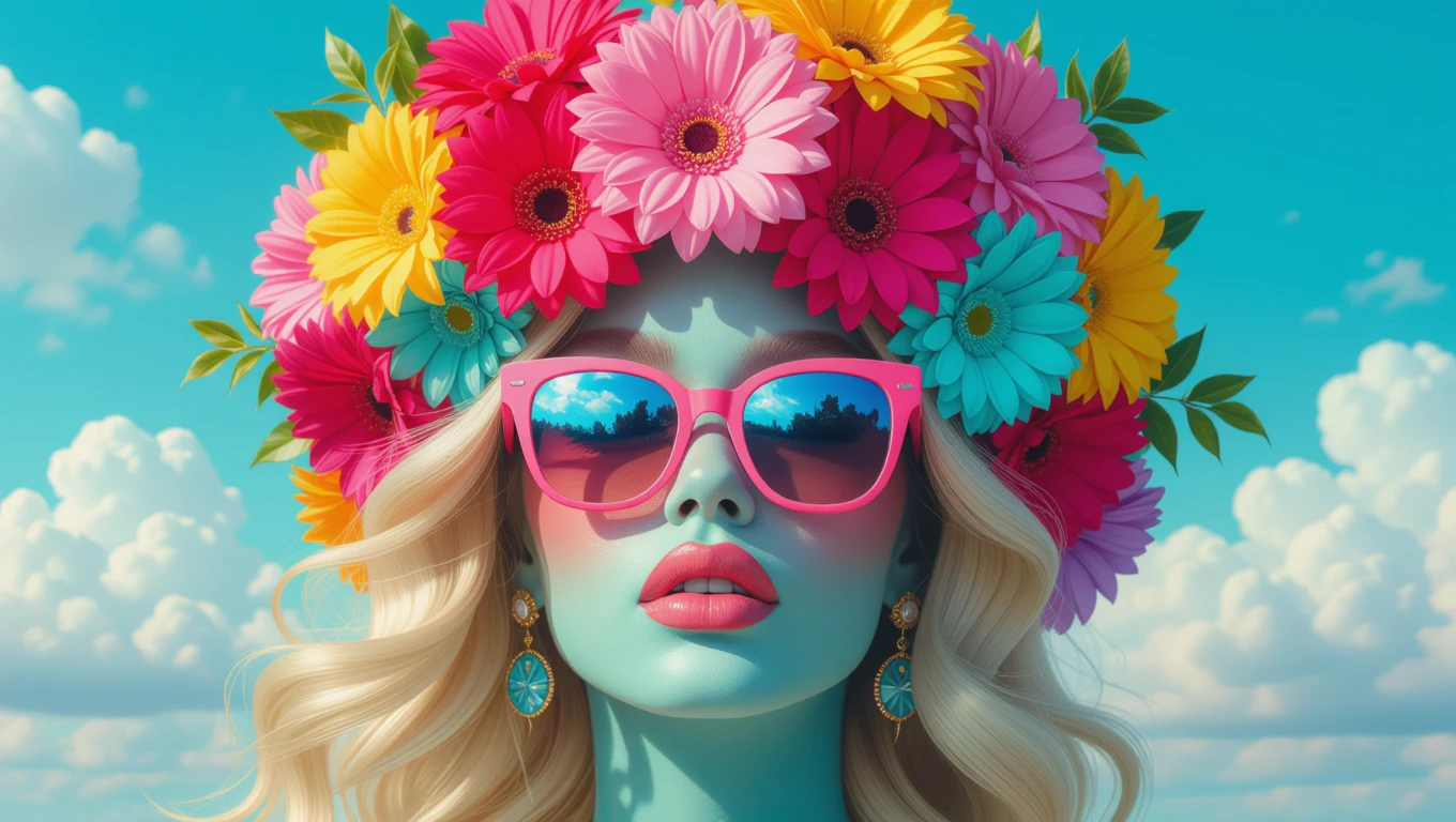 Eine stilisierte Frau mit buntem Blumenkranz und Sonnenbrille vor einem blauen Himmel.