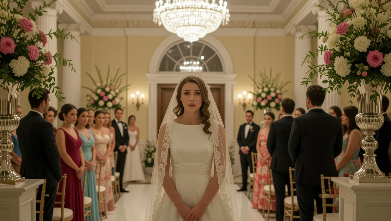 Eine Braut in einem eleganten Hochzeitskleid steht unsicher vor einer versammelten Hochzeitsgesellschaft.