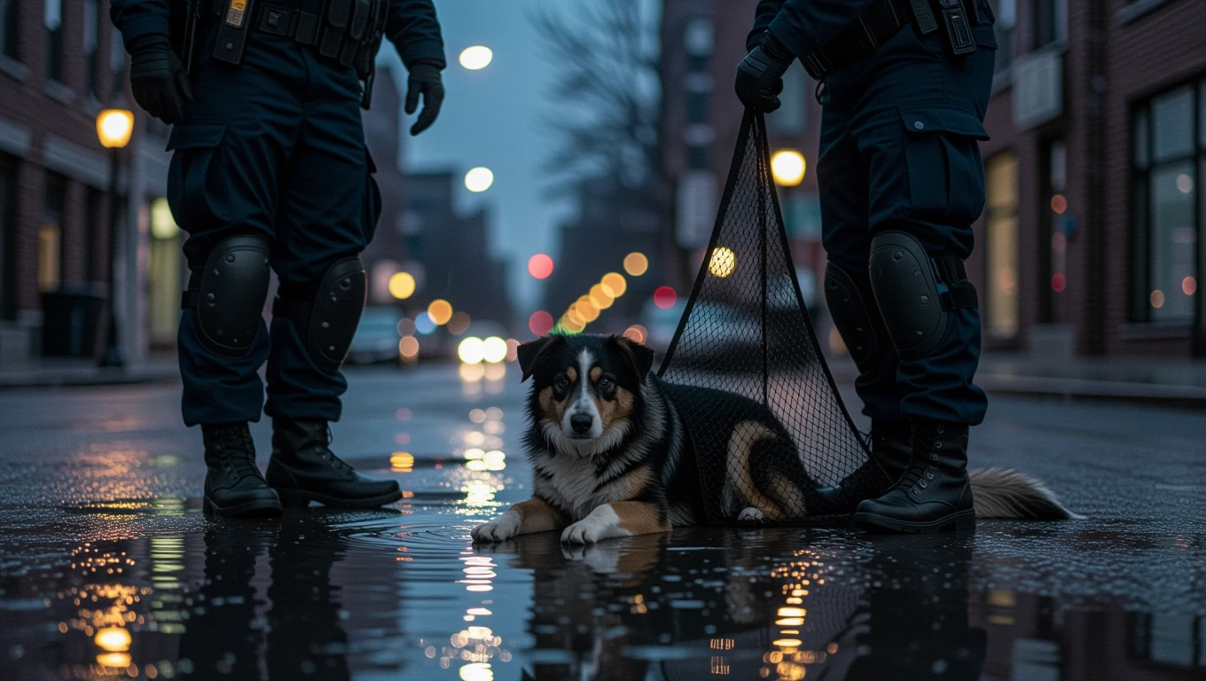 Ein Hund liegt auf einer nassen Straße, während zwei Hundefänger in Uniform stehen.