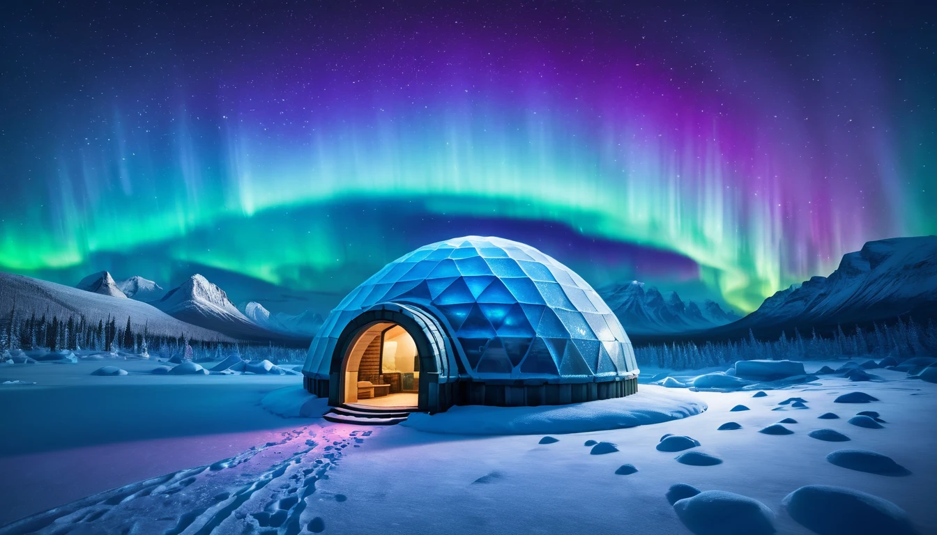 Ein Iglu in einer verschneiten Landschaft unter dem Nordlicht.