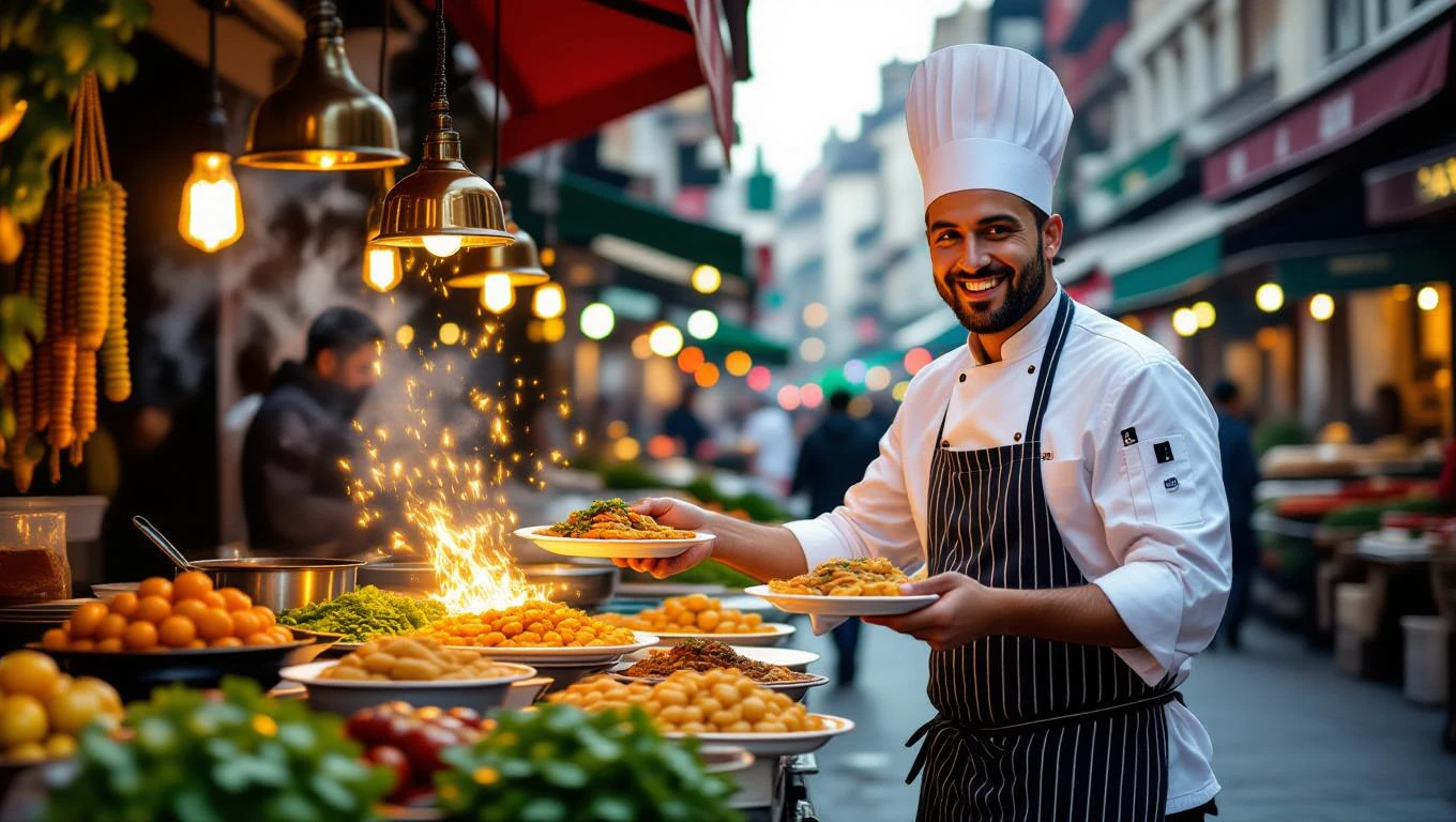 Ein Koch in einer belebten Straße präsentiert köstliche Gerichte mit frischen Zutaten.
