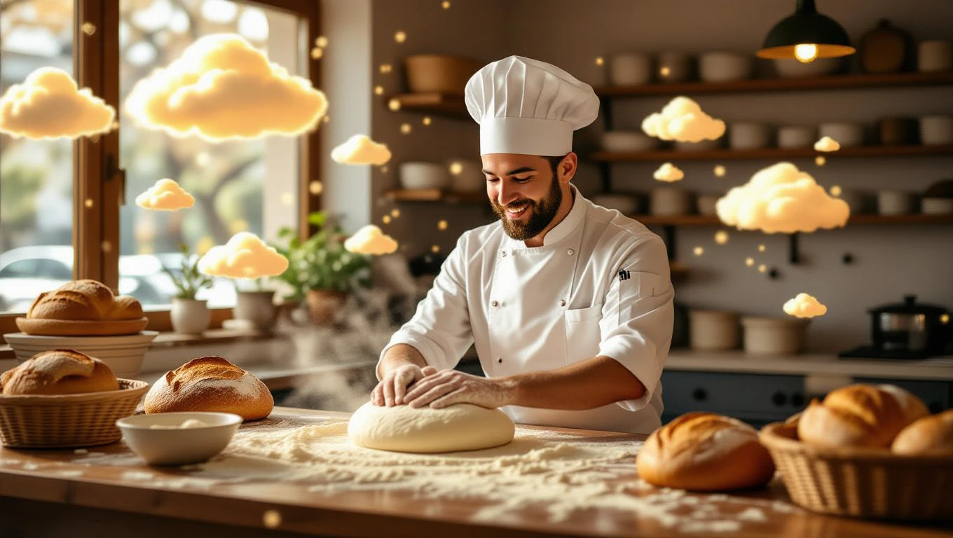 Ein Koch knetet Teig in einer warmen, einladenden Küche mit frischem Brot.