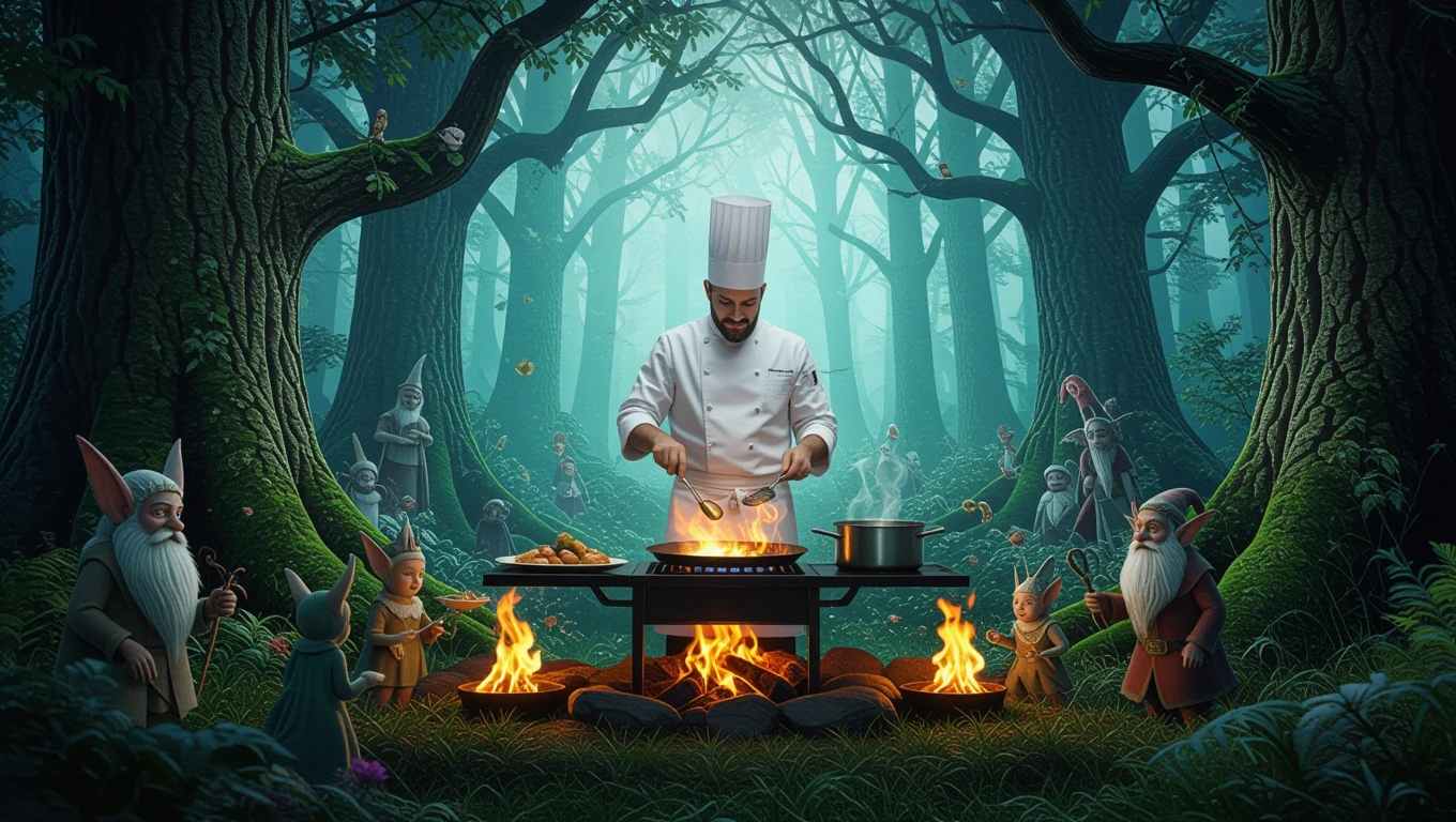 Ein Koch bereitet in einem mystischen Wald über offenem Feuer Speisen zu, umgeben von kleinen Wesen.