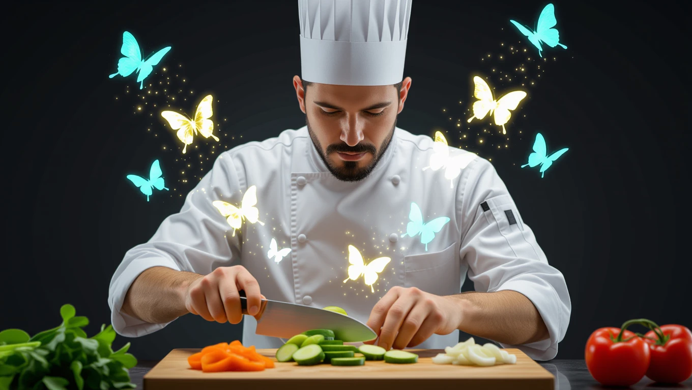 Ein Koch schneidet frisches Gemüse, umgeben von bunten Schmetterlingen.