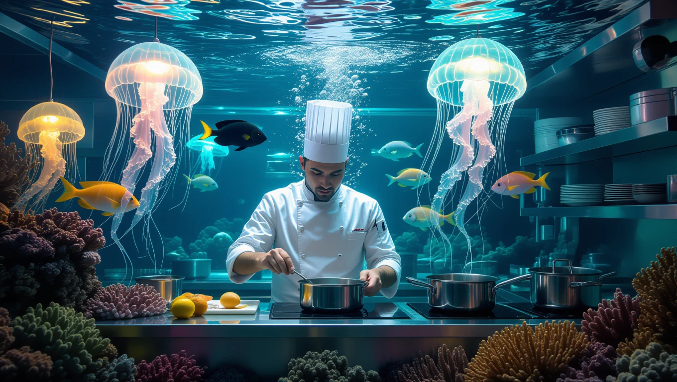 Ein Koch bereitet in einem Unterwasser-Küchenumfeld ein Gericht zu.
