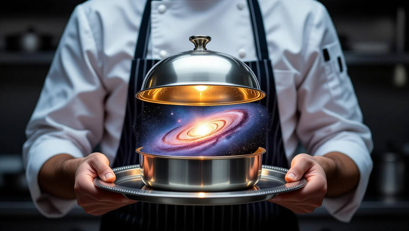 Ein Koch präsentiert einen Topf, aus dem eine Galaxie strahlt.
