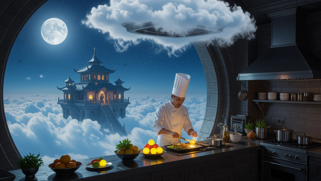 Ein Koch bereitet in einer futuristischen Küche ein Gericht vor, während Wolken und ein Mond sichtbar sind.