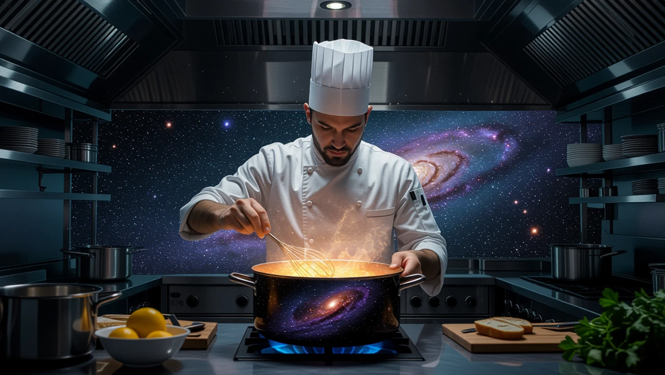 Ein Koch rührt in einem Topf, während der Hintergrund eine galaktische Szenerie zeigt.
