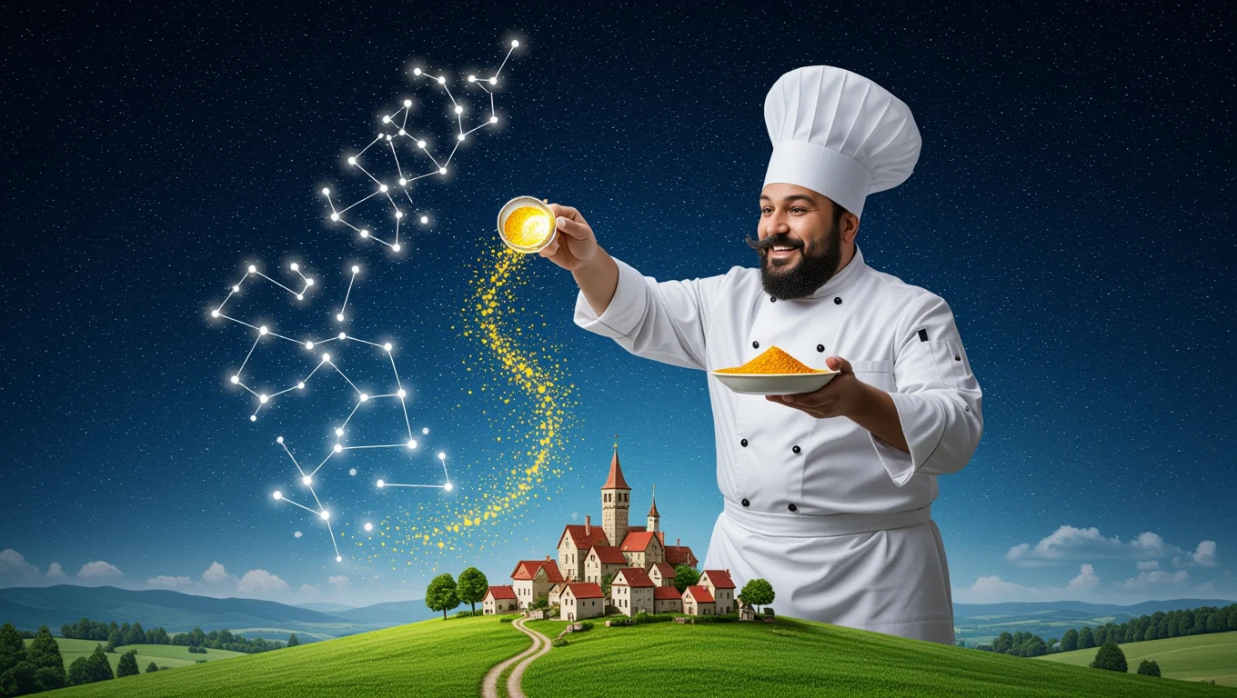 Ein Koch streut leuchtende Zutaten über eine malerische Landschaft mit einem Dorf.