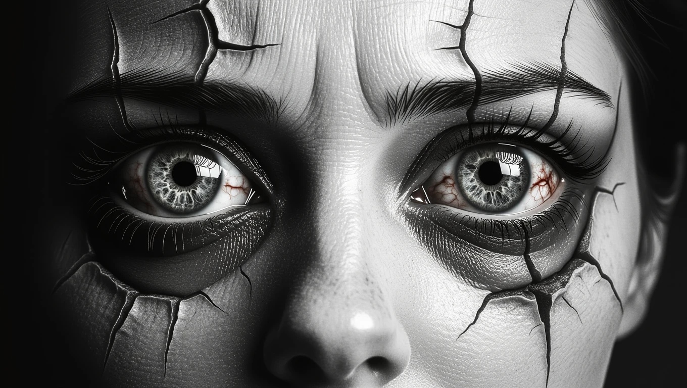 Ein Gesicht mit rissigen Augen, die Krankheit und innere Konflikte symbolisieren.