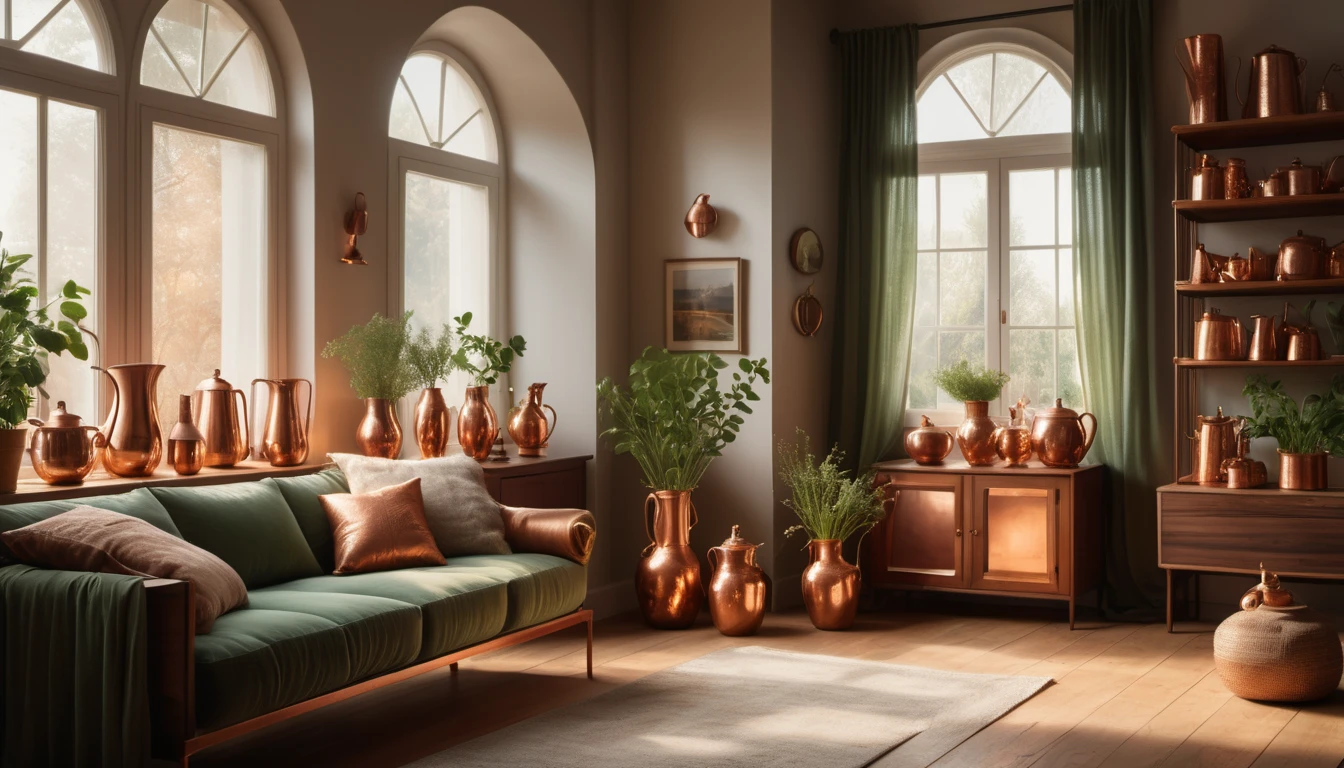 Ein stilvolles Wohnzimmer mit Kupfergegenständen und Pflanzen, die Wärme ausstrahlen.