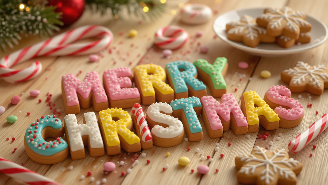 Bunte Lebkuchen in Form von Buchstaben, die 'MERRY CHRISTMAS' bilden, umgeben von Süßigkeiten.