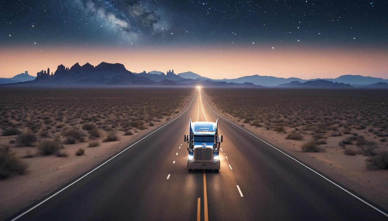 Ein Lkw fährt auf einer endlosen Straße durch eine Wüstenlandschaft unter einem sternenklaren Himmel.
