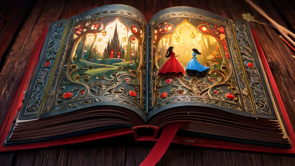 Ein aufgeschlagenes Märchenbuch mit zwei Figuren in roten und blauen Kleidern.