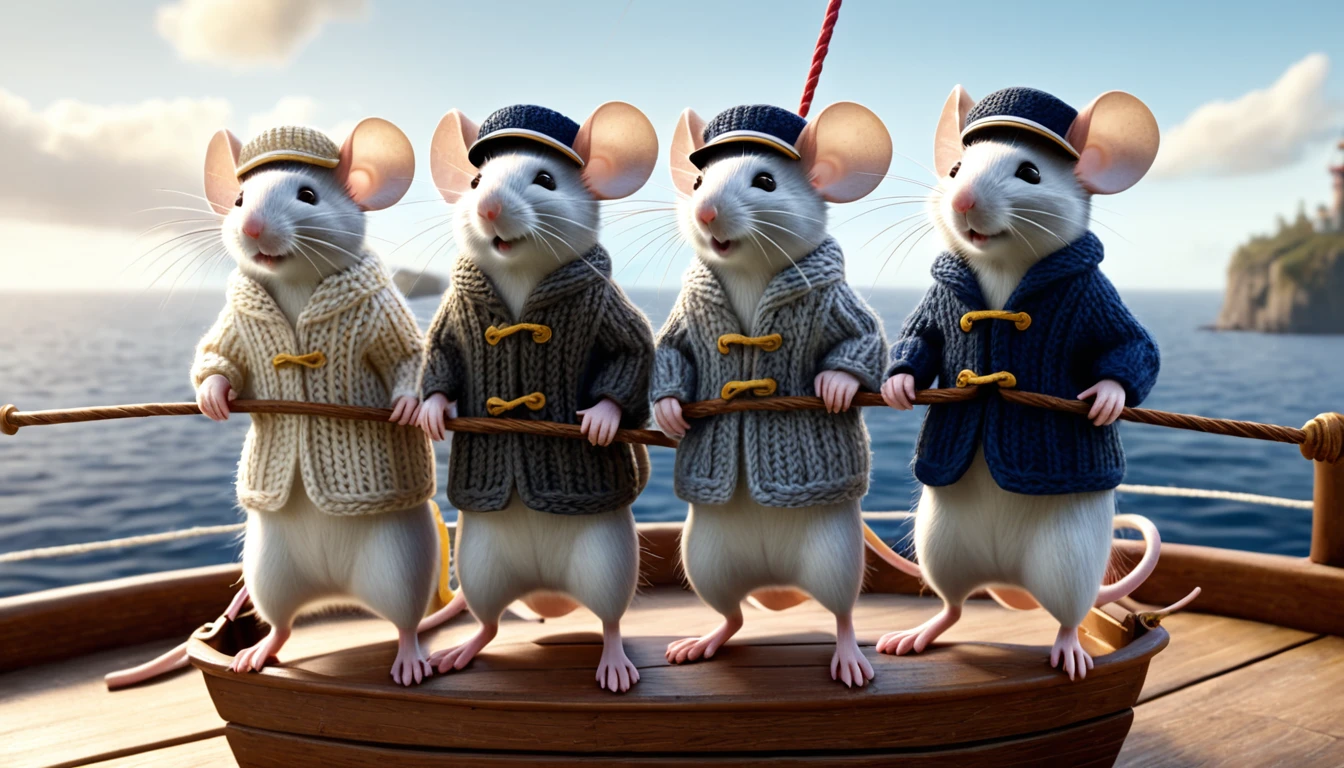 Vier Mäuse in maritimer Kleidung stehen auf einem Boot und schauen freundlich.