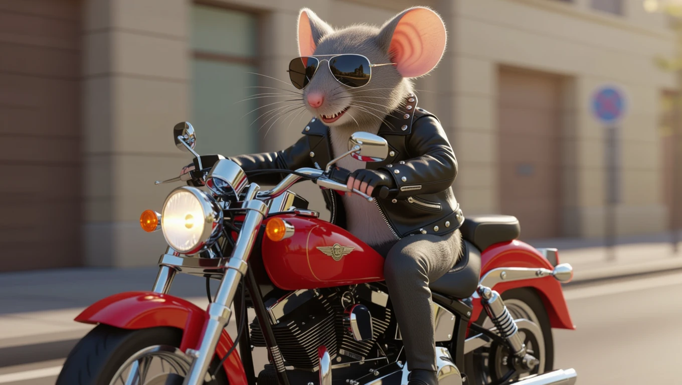 Eine stilisierte Maus in Lederjacke und Sonnenbrille auf einem Motorrad.