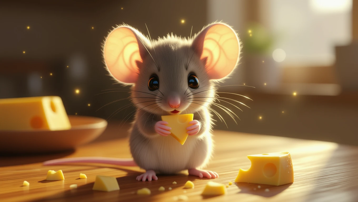 Eine niedliche Maus hält ein Stück Käse in ihren kleinen Pfoten.