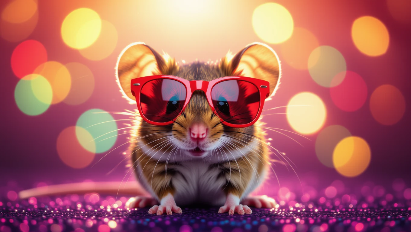 Eine süße Maus mit roten Sonnenbrillen vor einem bunten Hintergrund.