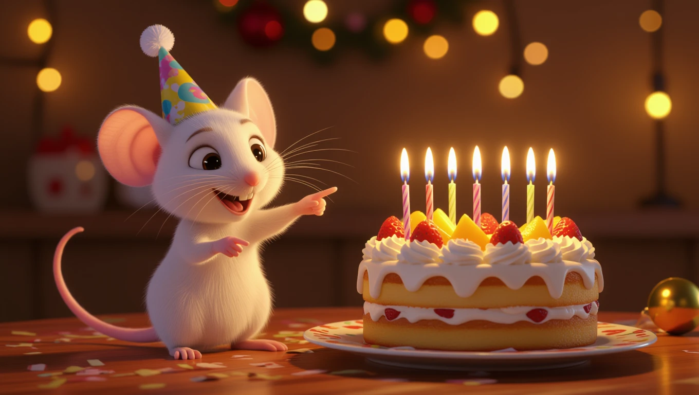 Eine fröhliche Maus mit Partyhut zeigt auf eine bunte Geburtstagstorte mit Kerzen.