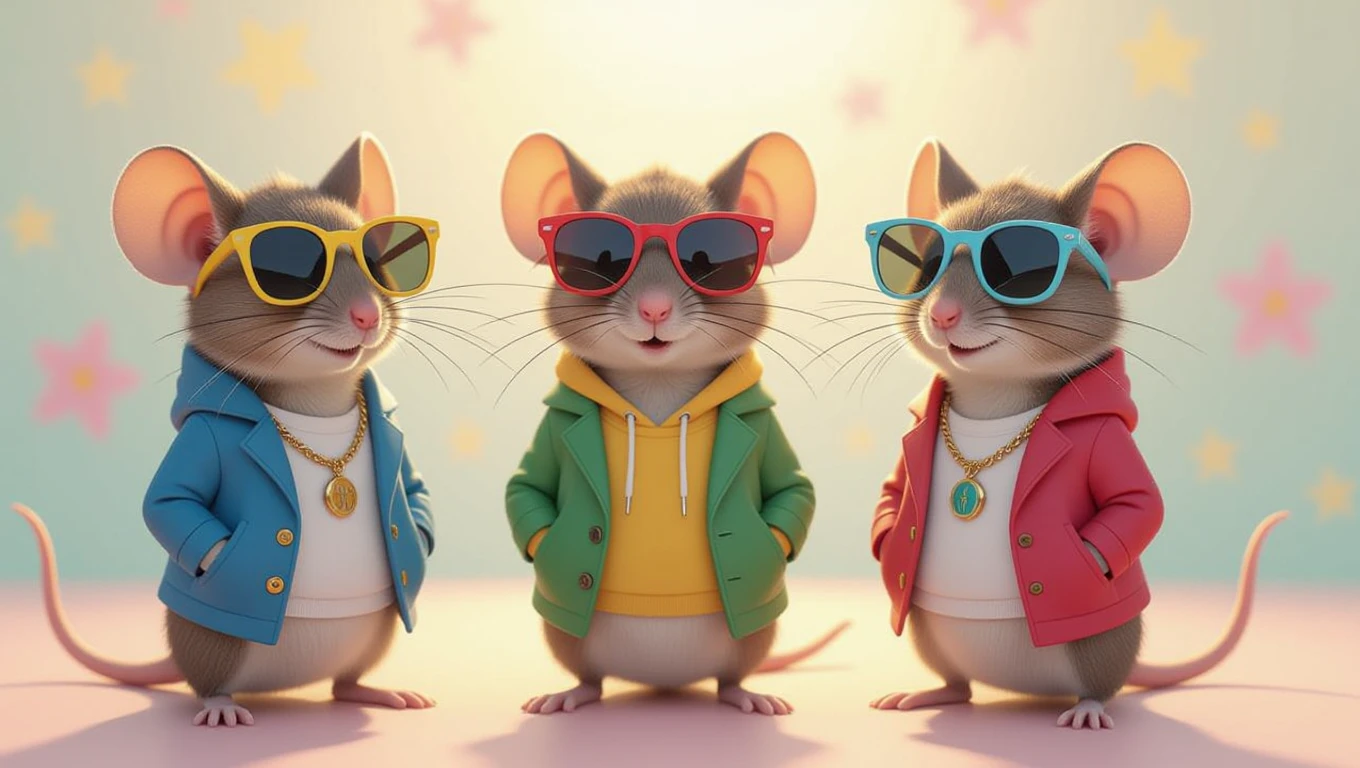 Drei stilisierte Mäuse in modischer Kleidung und Sonnenbrillen, die fröhlich posieren.