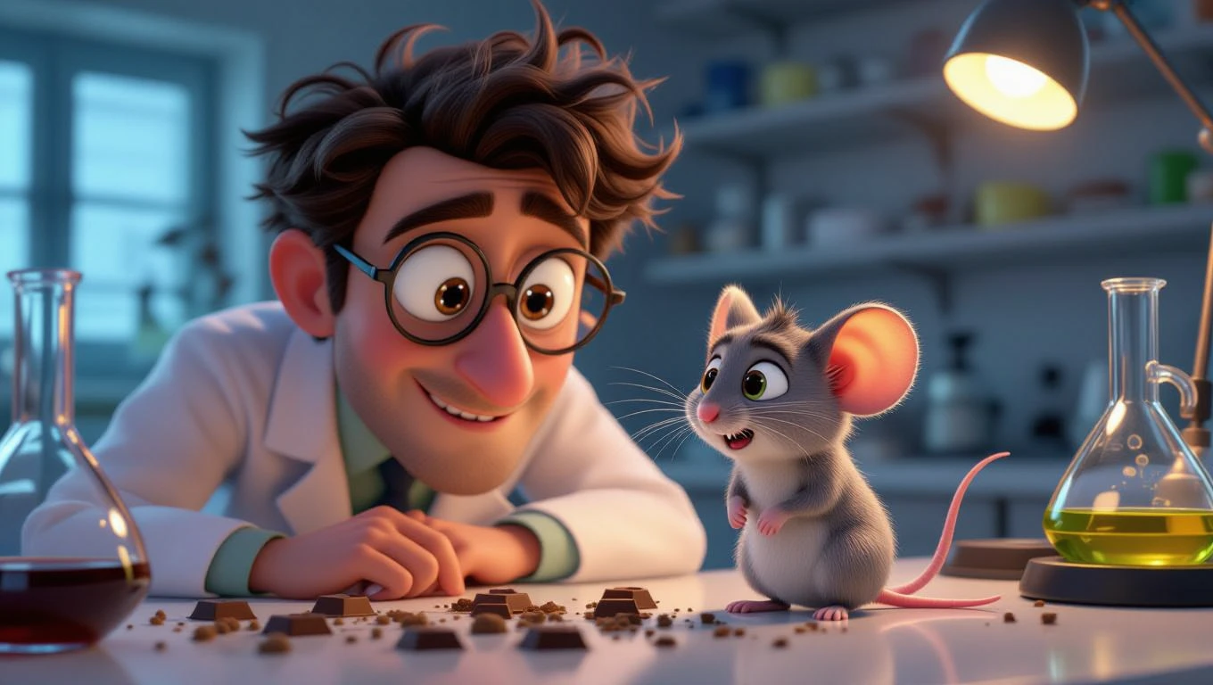 Ein Wissenschaftler beobachtet eine neugierige Maus in einem Labor.