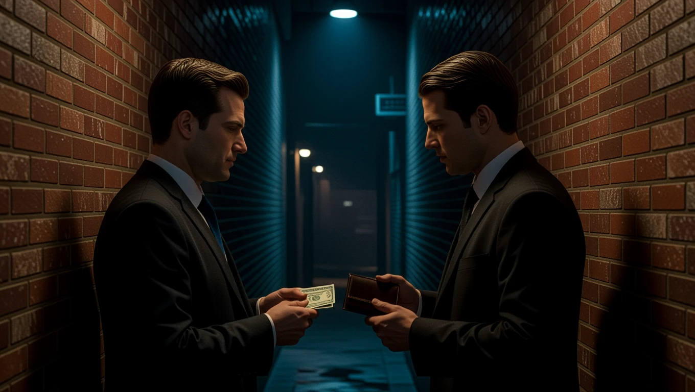 Zwei Männer in Anzügen tauschen Geld in einer dunklen Gasse aus.