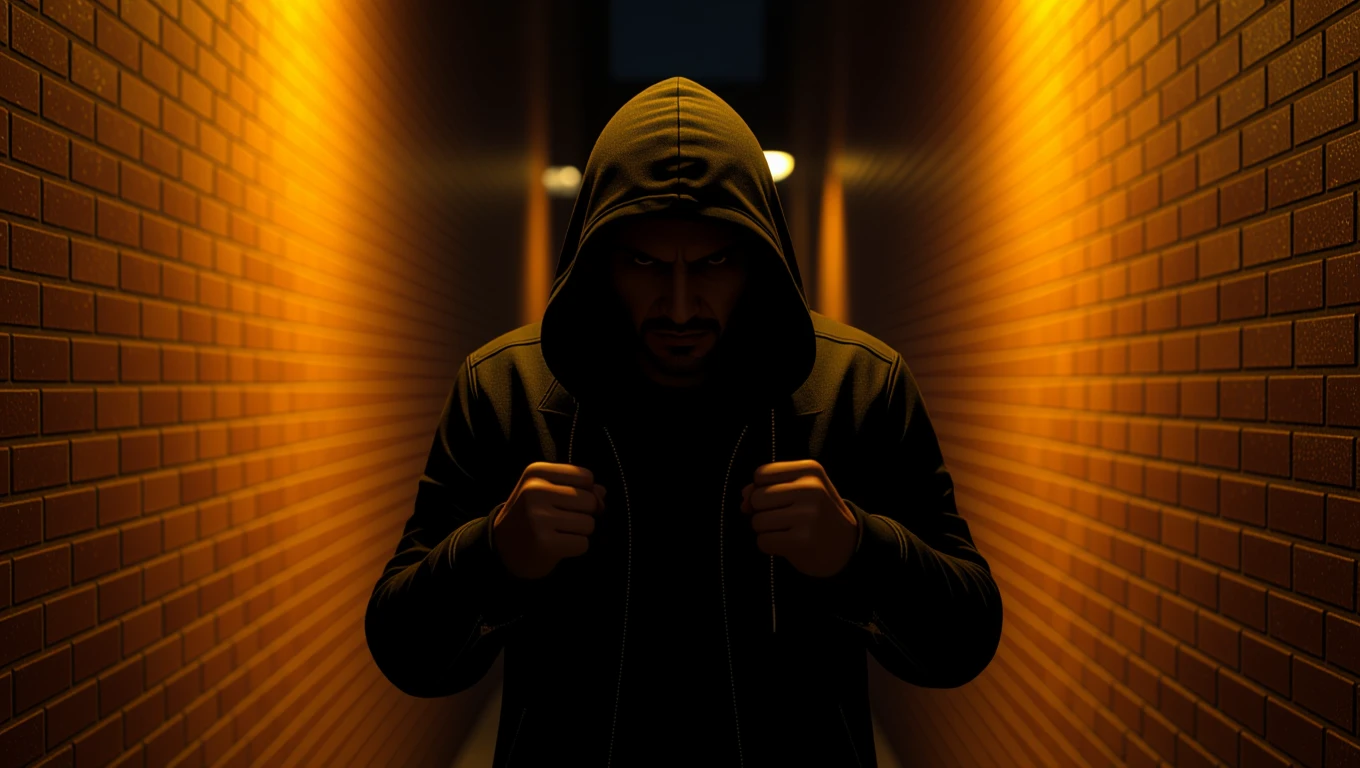 Ein mysteriöser Mann in einem dunklen Gang, der Macht und Kontrolle ausstrahlt.