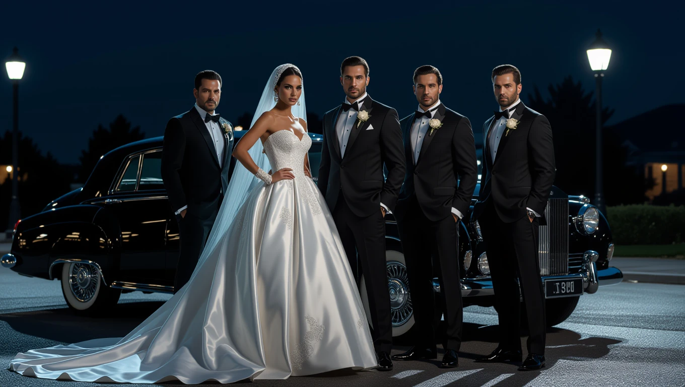 Eine Braut in einem eleganten Kleid steht mit vier Männern in Anzügen vor einem klassischen Auto.