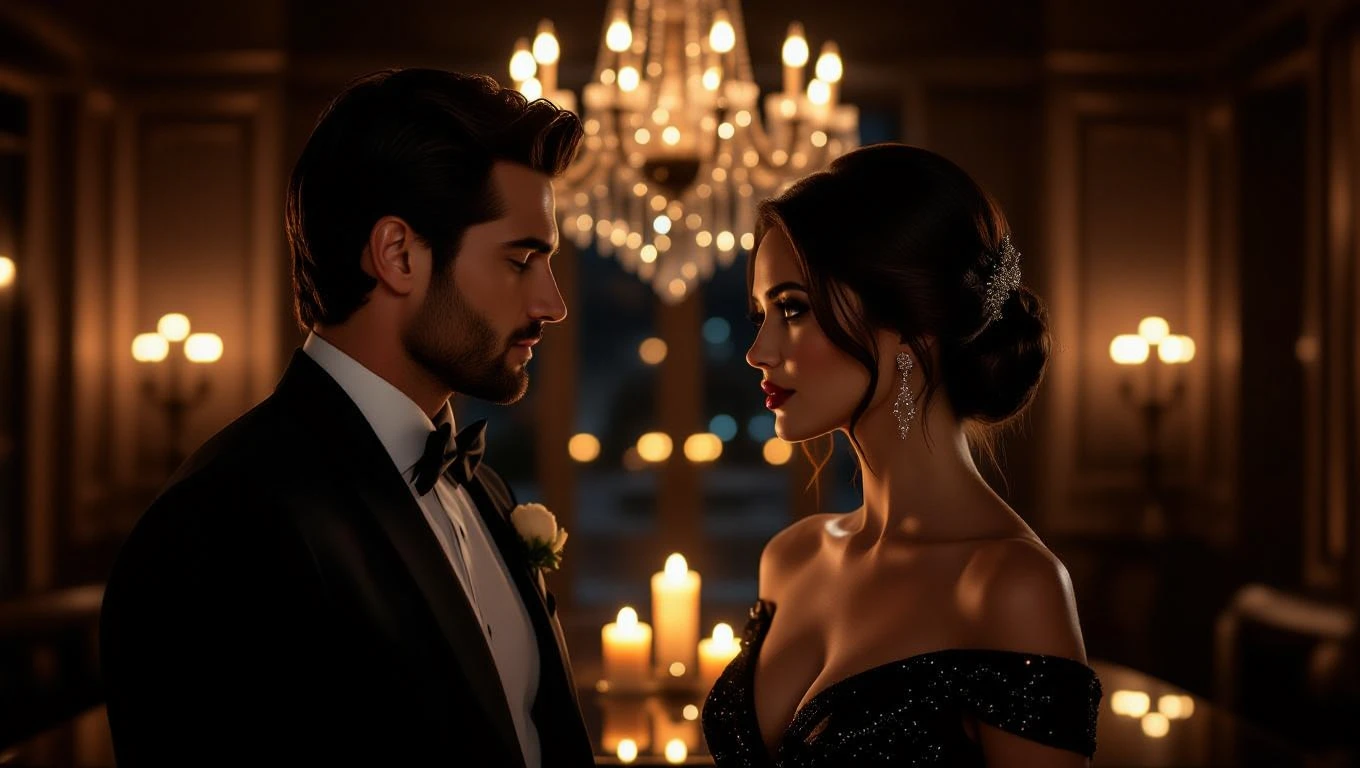 Ein elegantes Paar in formeller Kleidung steht sich gegenüber, umgeben von Kerzenlicht.