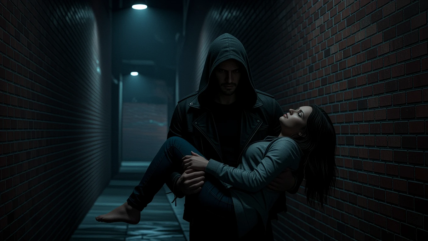 Ein Mann in einem dunklen Gang trägt eine bewusstlose Frau in seinen Armen.