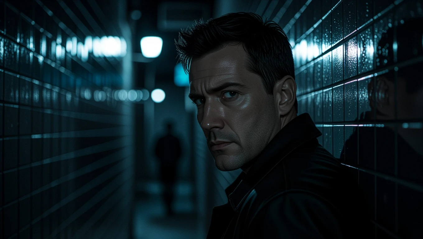 Ein Mann in einem dunklen Gang, der entschlossen und nachdenklich aussieht.