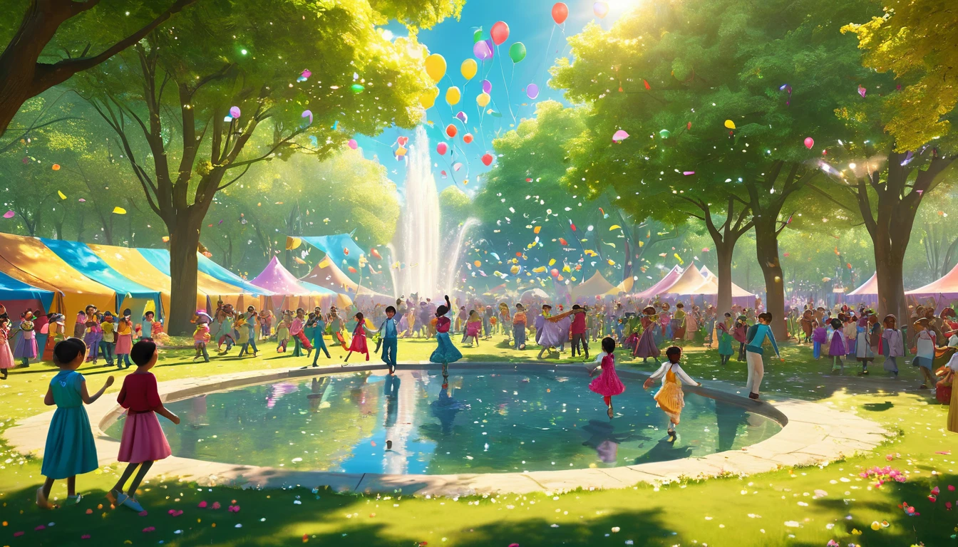 Ein lebhaftes Maifest mit fröhlichen Menschen, bunten Ballons und einem Brunnen.