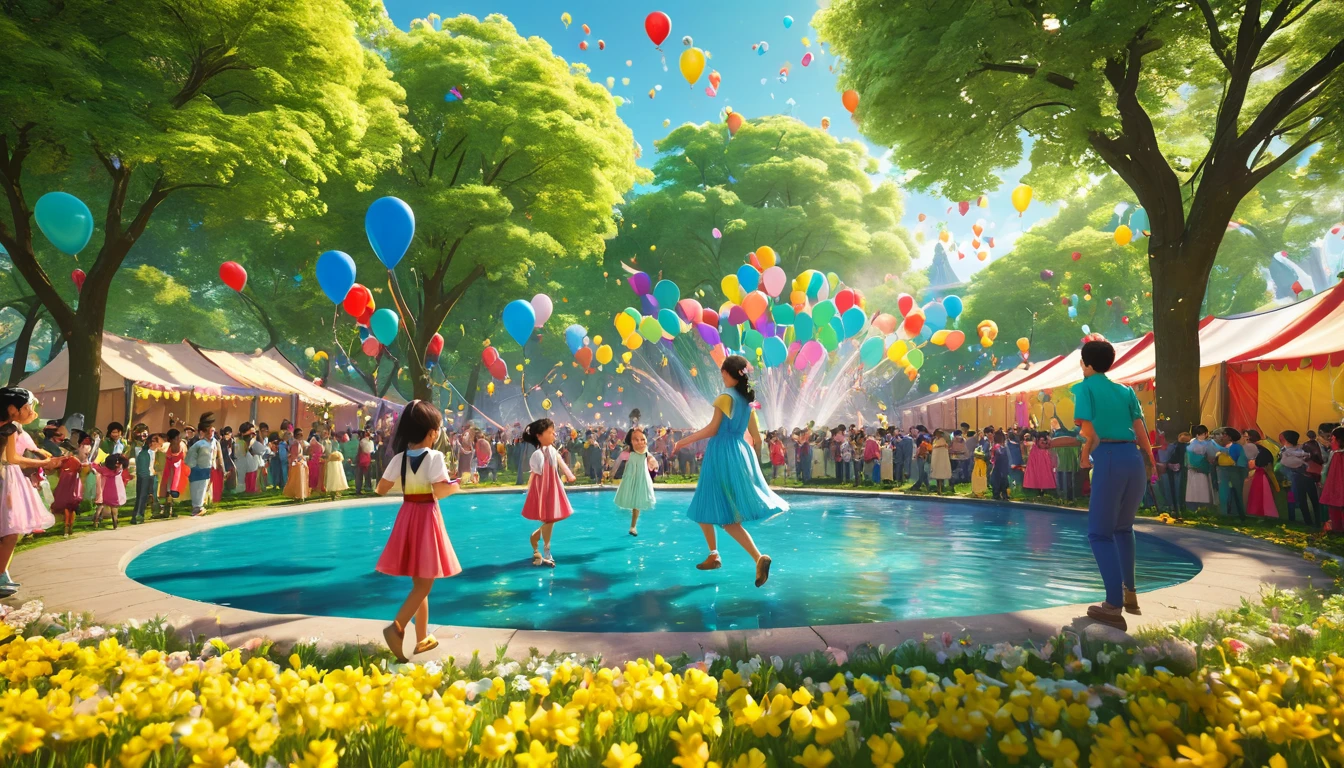 Ein fröhliches Maifest mit bunten Ballons und tanzenden Kindern am Wasser.