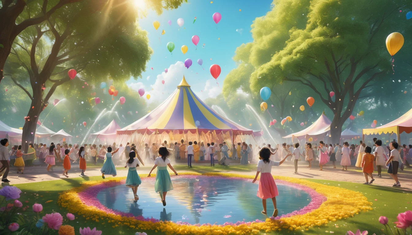 Bunte Ballons und fröhliche Menschen feiern ein Maifest in einem blühenden Park.