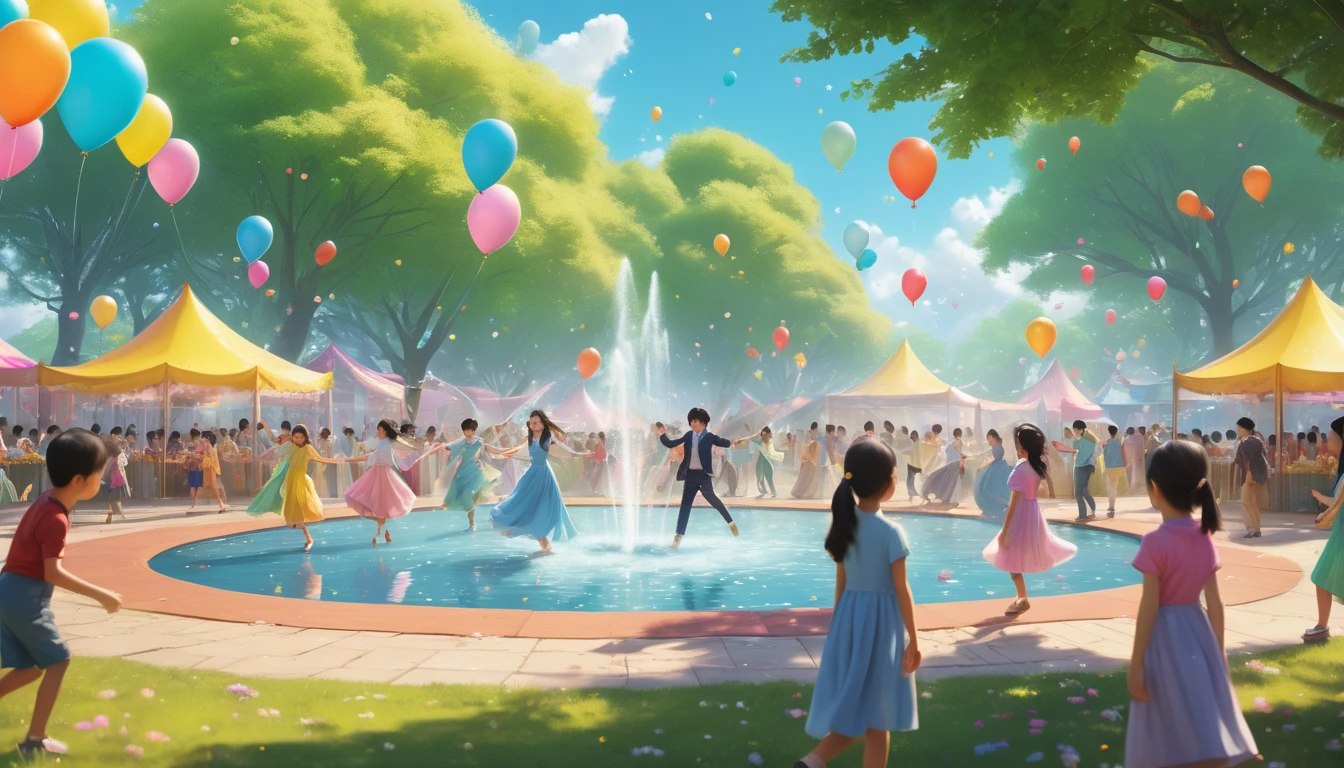 Ein fröhliches Maifest mit tanzenden Kindern und bunten Luftballons.