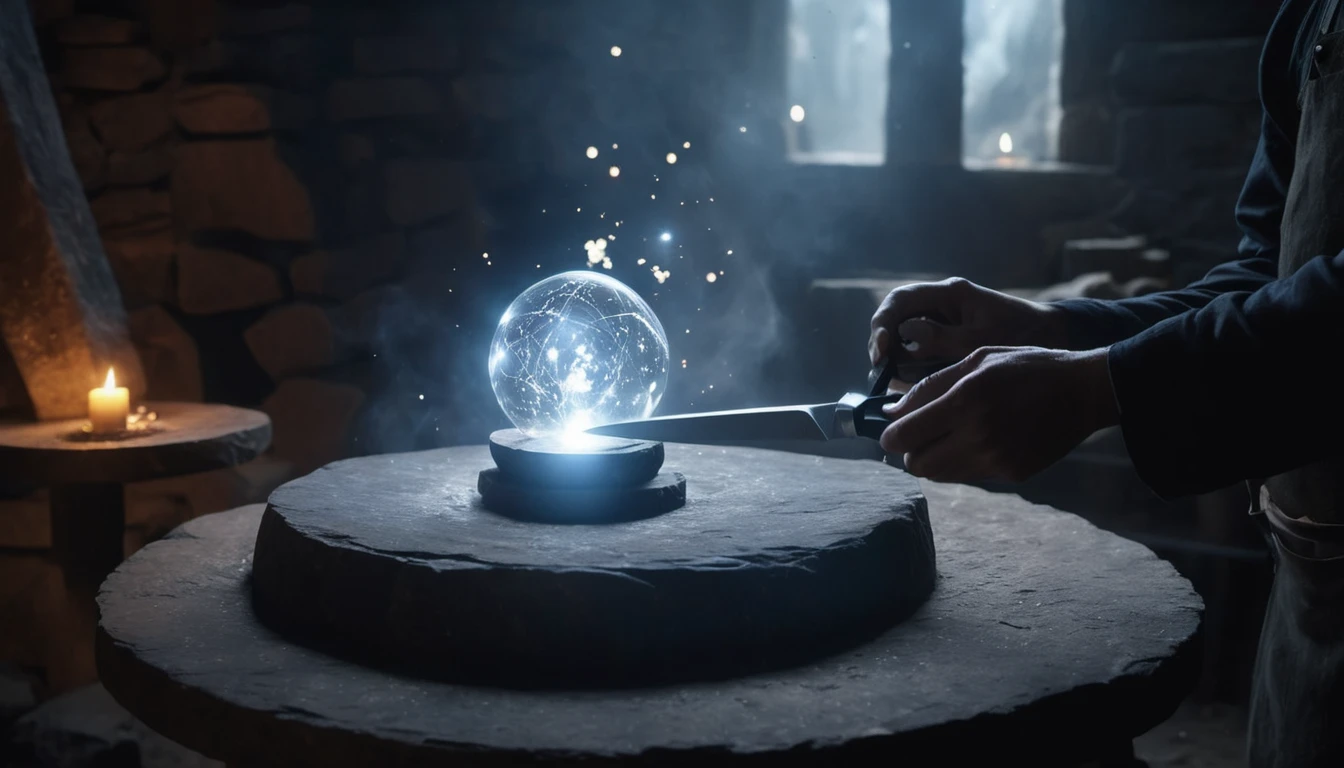 Eine Hand schärft ein Messer über einer leuchtenden Kugel in einem dunklen Raum.