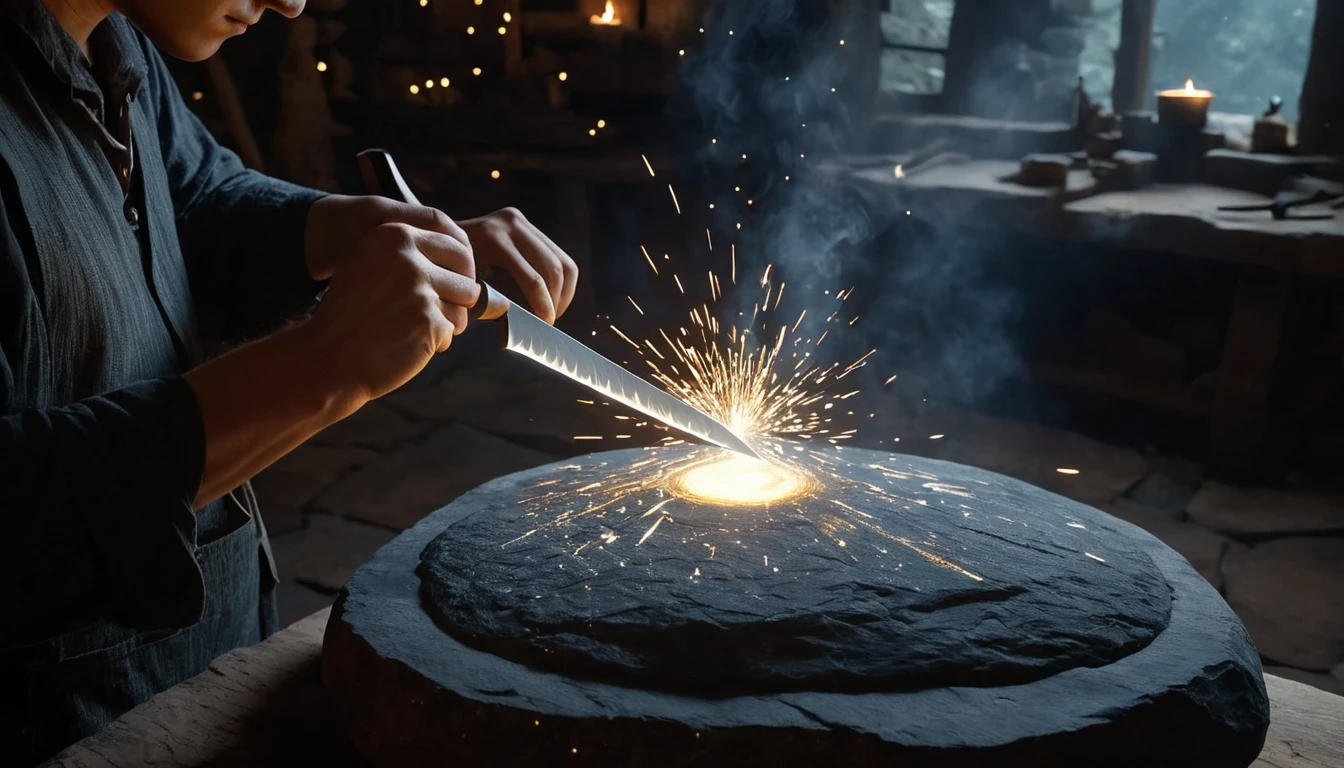 Eine Person schärft ein Messer auf einem Stein, Funken fliegen auf.