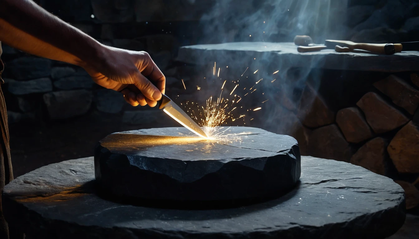 Eine Hand schärft ein Messer auf einem Stein, Funken fliegen auf.
