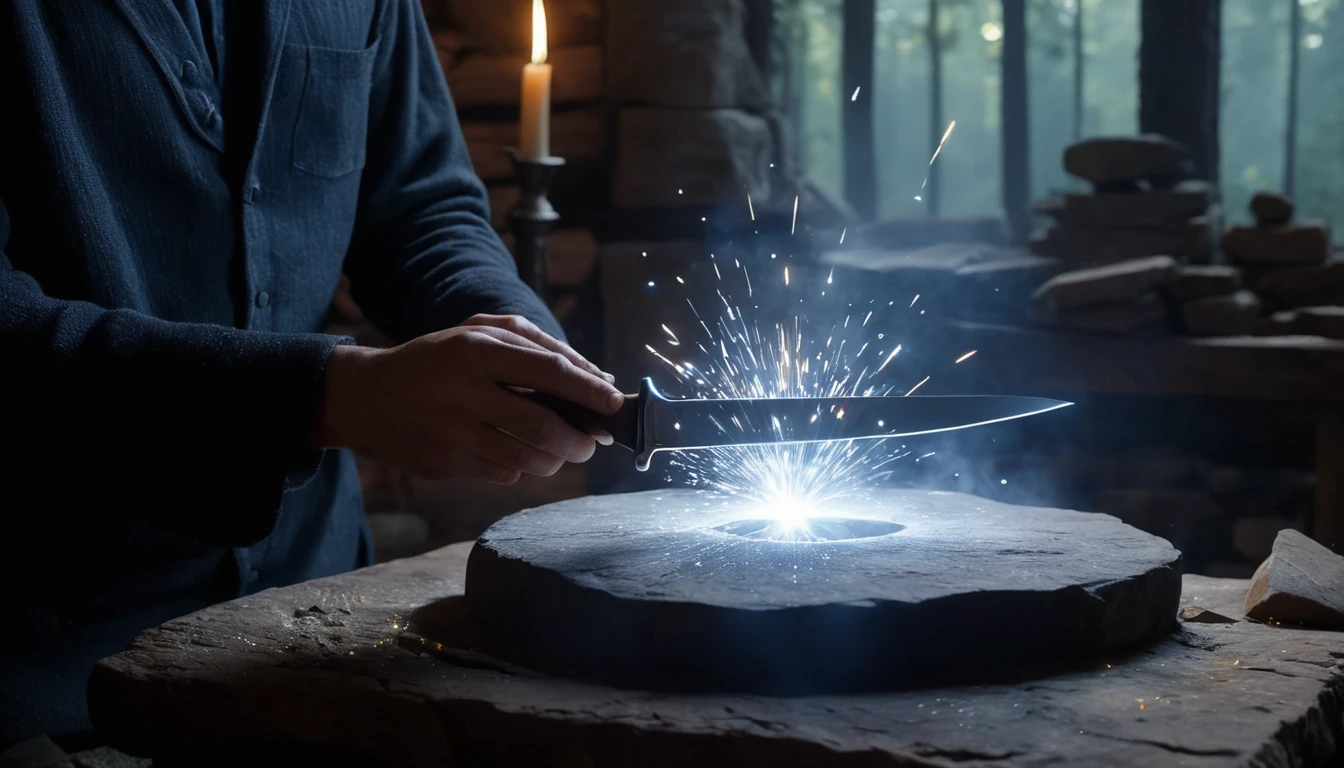 Eine Person schärft ein Messer auf einem Stein, Funken fliegen auf.
