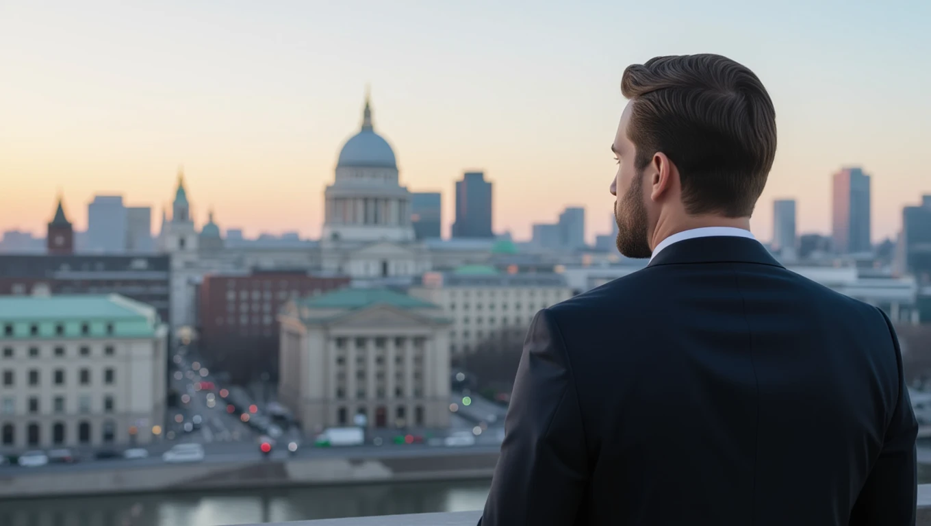 Ein Mann in Anzug blickt auf eine Stadtlandschaft bei Sonnenuntergang.