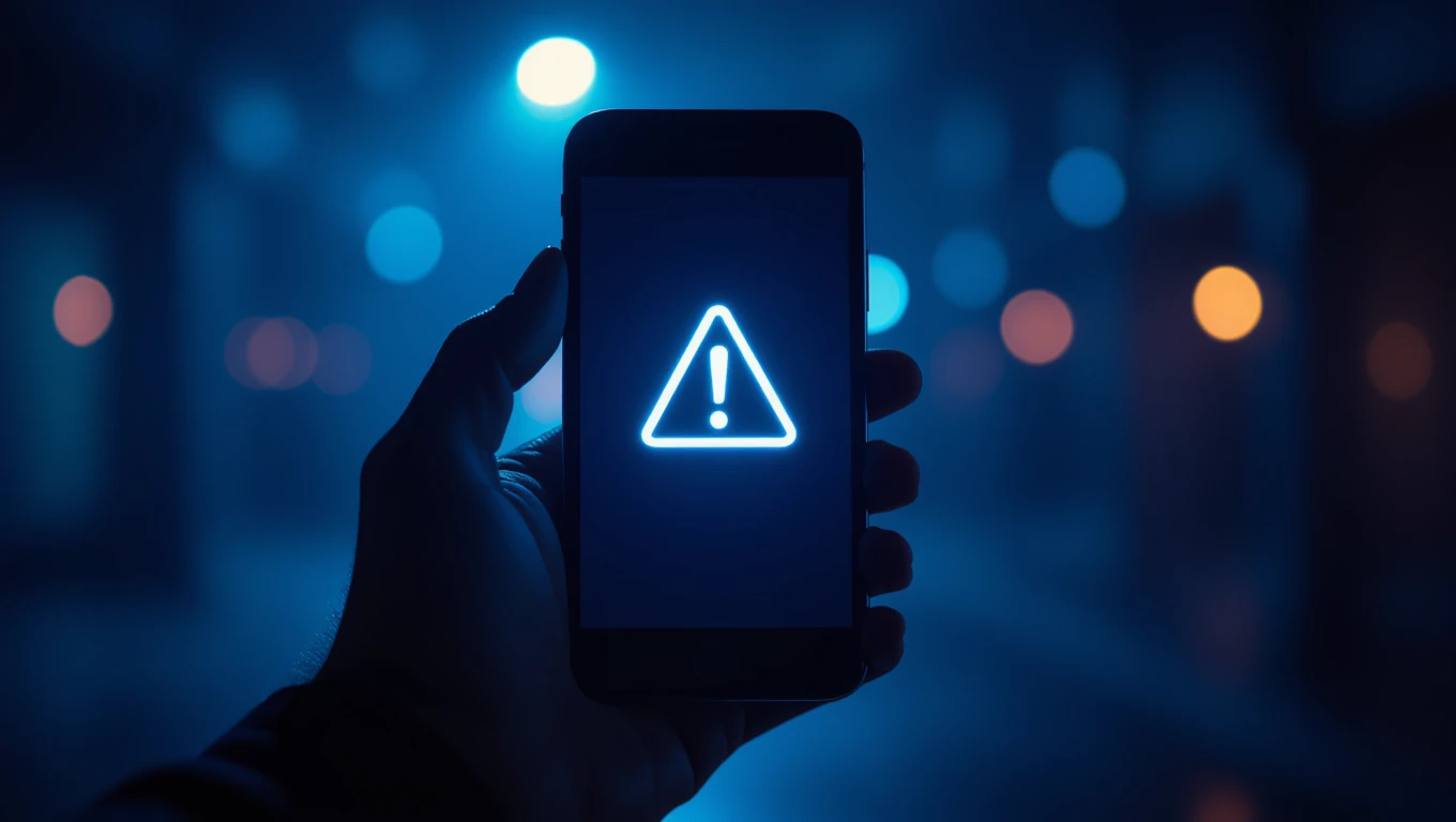 Ein Handy zeigt ein Warnsymbol in einem dunklen, blauen Umfeld.