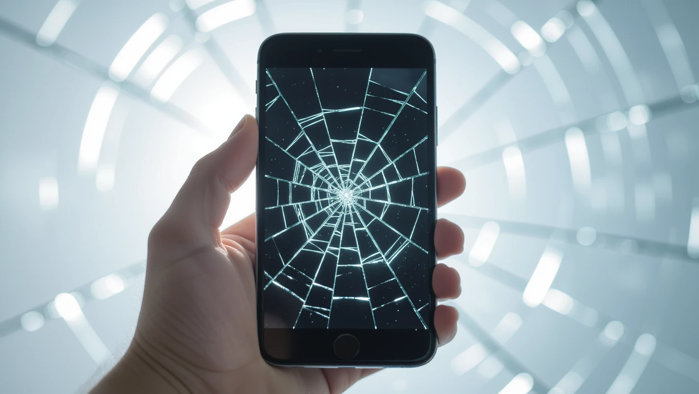 Ein Handy mit einem gesprungenen Bildschirm, das in einer Hand gehalten wird.