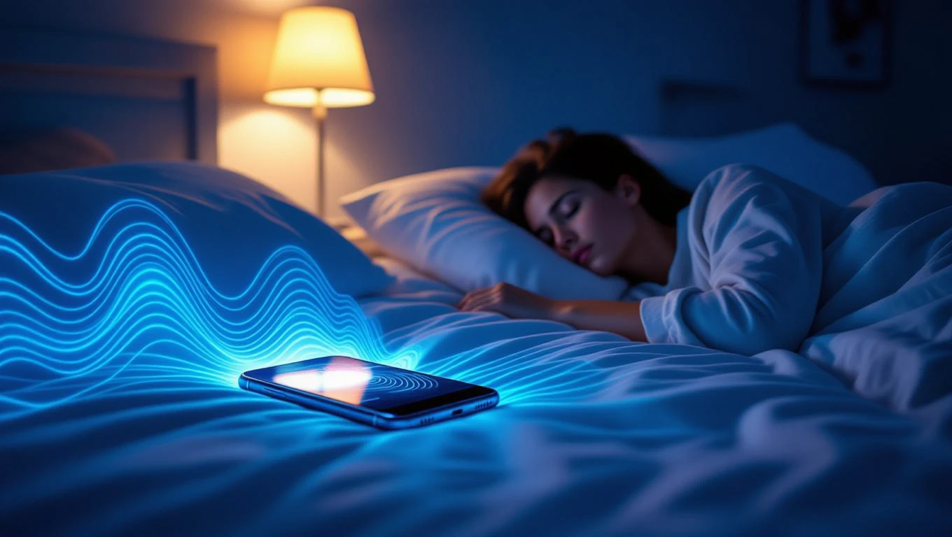 Eine schlafende Person neben einem leuchtenden Handy im Dunkeln.