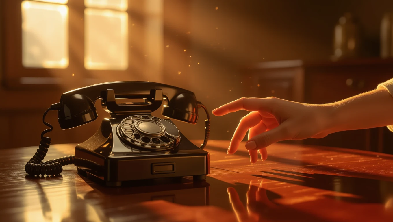 Eine Hand greift nach einem nostalgischen Telefon in einem warmen Licht.