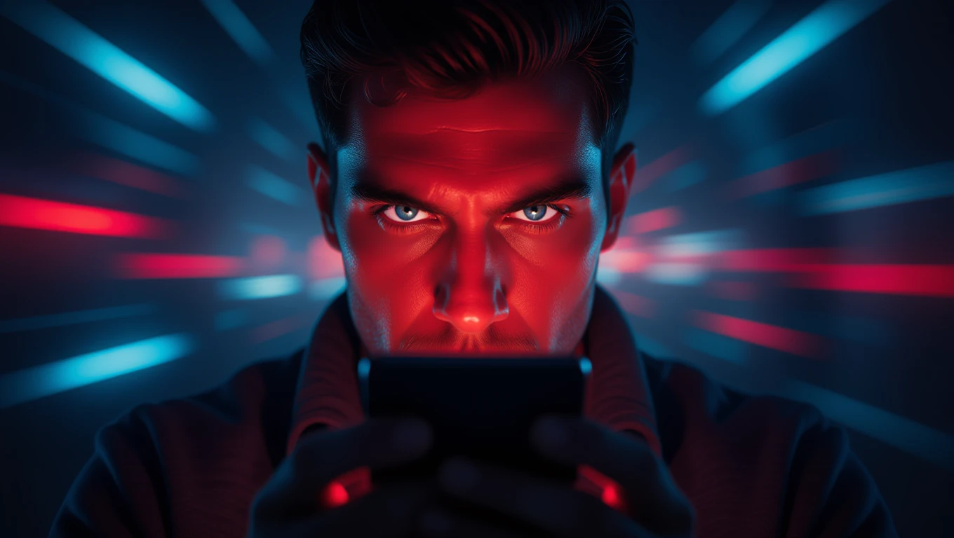 Ein Mann mit intensiven Augen betrachtet sein Handy in einem dunklen Raum.