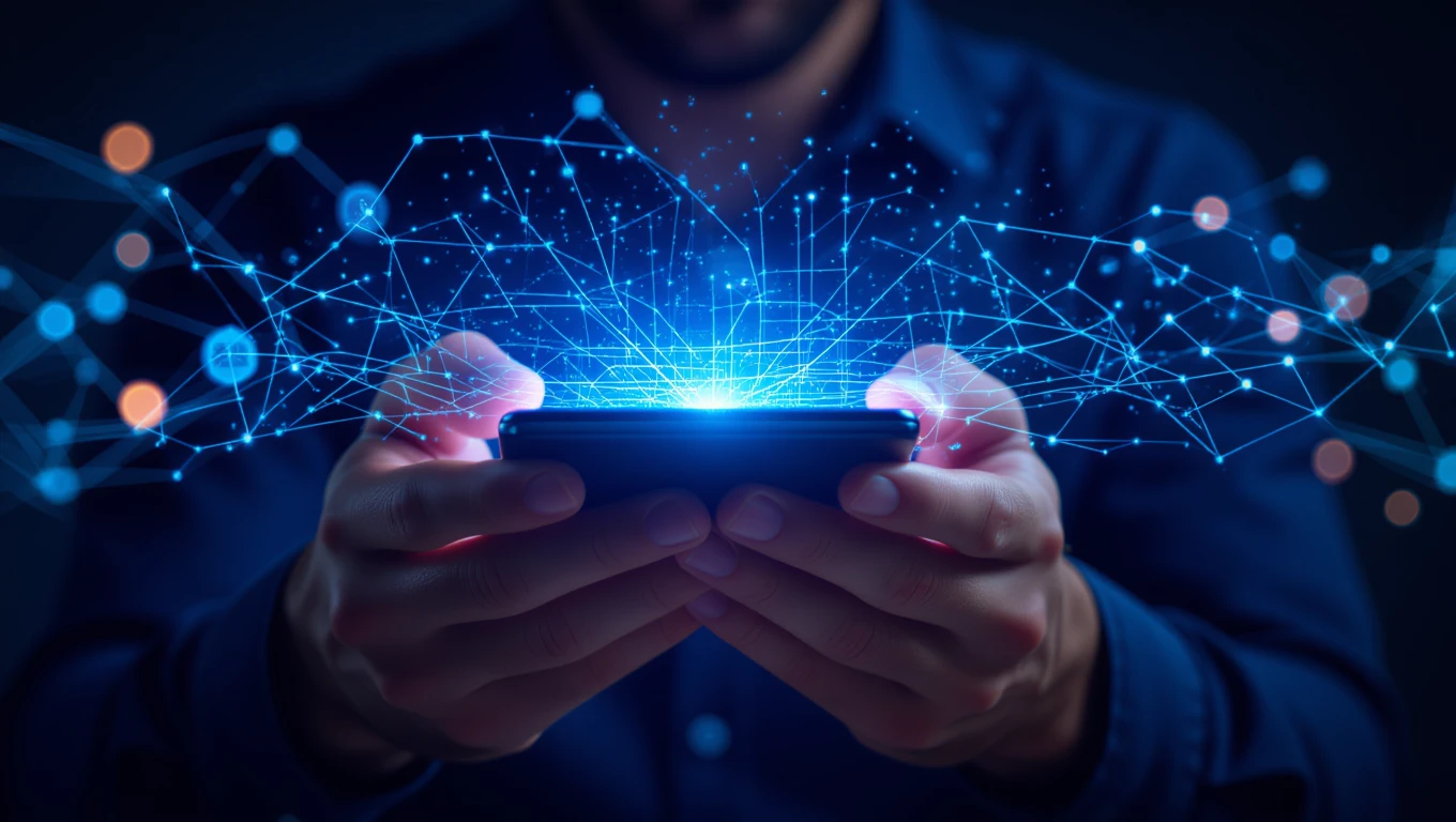 Eine Person hält ein Smartphone, aus dem leuchtende digitale Verbindungen strömen.