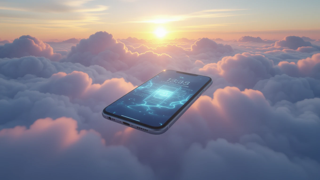 Ein Smartphone schwebt über einer Wolkendecke bei Sonnenaufgang.