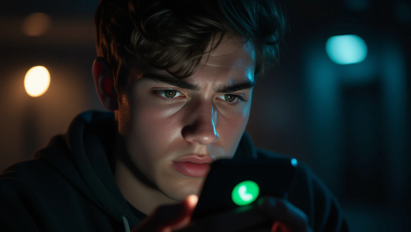 Ein junger Mann schaut konzentriert auf sein Handy in einem dunklen Raum.