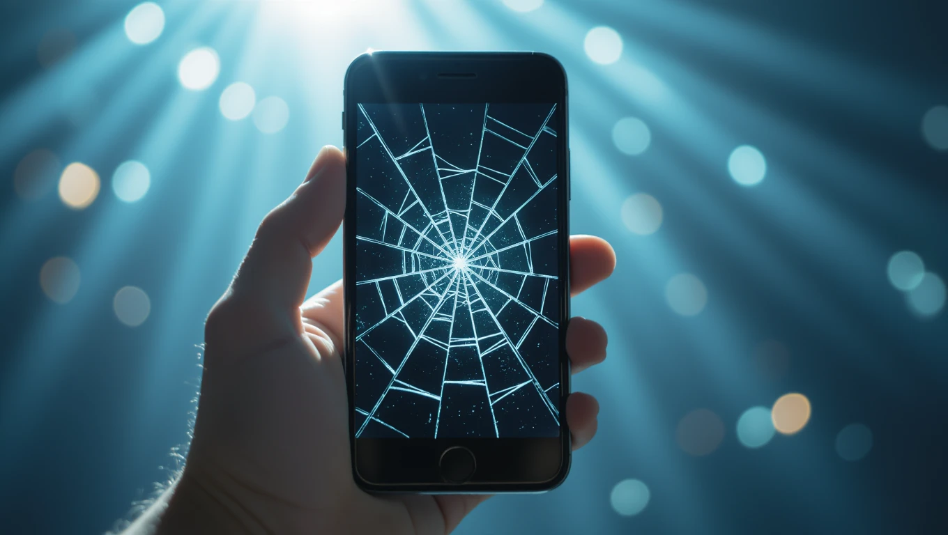 Ein Handy mit einem Spinnennetz-Muster auf dem Bildschirm in einer Hand.