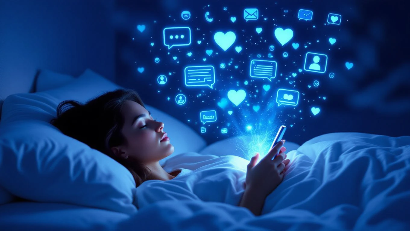 Eine schlafende Person hält ein Handy, umgeben von digitalen Symbolen.